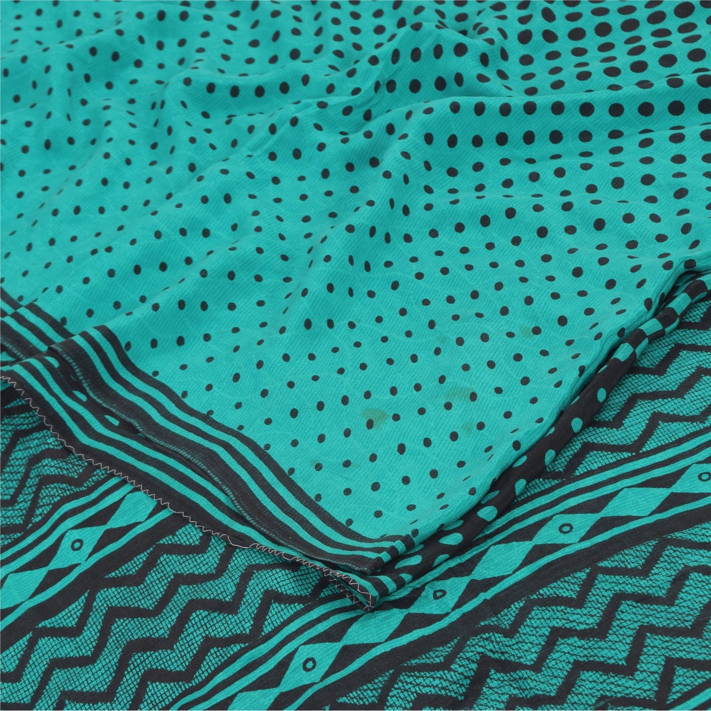 Sanskriti Vintage Sarees Blue/Black Pure Crepe Silk Print Sari 5yd Craft Sustainable Fabric