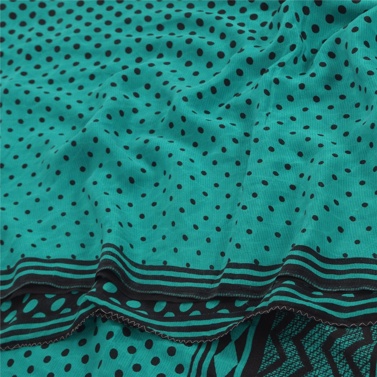 Sanskriti Vintage Sarees Blue/Black Pure Crepe Silk Print Sari 5yd Craft Sustainable Fabric