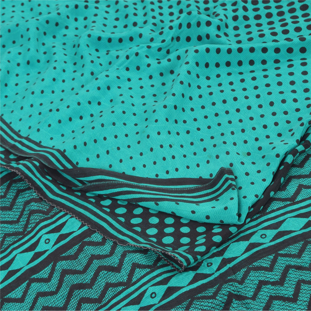 Sanskriti Vintage Sarees Blue/Black Pure Crepe Silk Print Sari 5yd Craft Sustainable Fabric