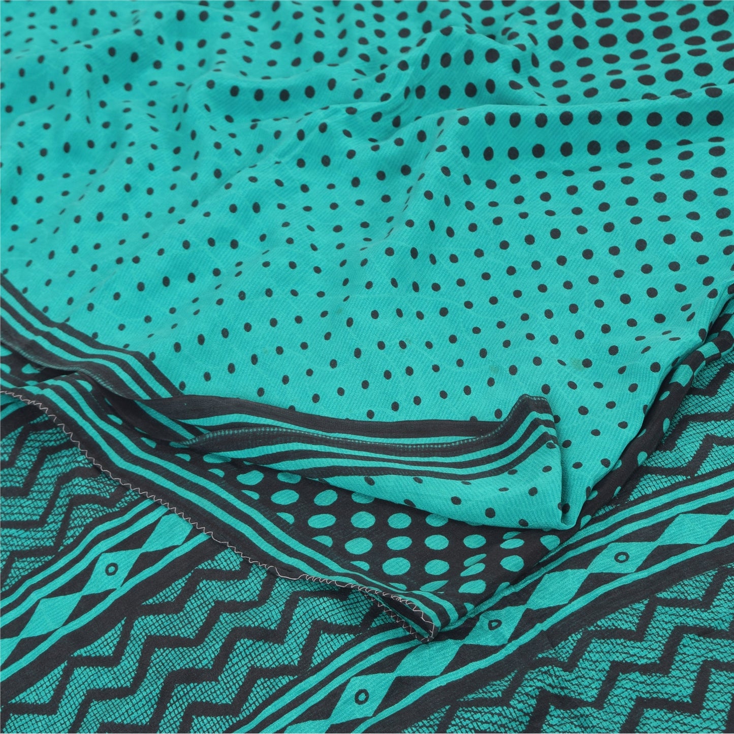 Sanskriti Vintage Sarees Blue/Black Pure Crepe Silk Print Sari 5yd Craft Sustainable Fabric