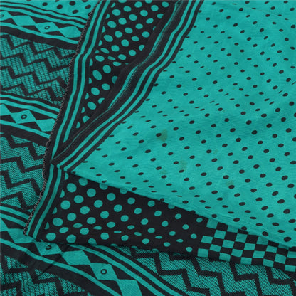 Sanskriti Vintage Sarees Blue/Black Pure Crepe Silk Print Sari 5yd Craft Sustainable Fabric