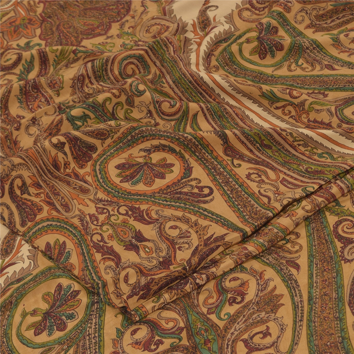 Sanskriti Vintage Sarees Brown 100%Pure Crepe Silk Printed Sari 5yd Craft Sustainable Fabric