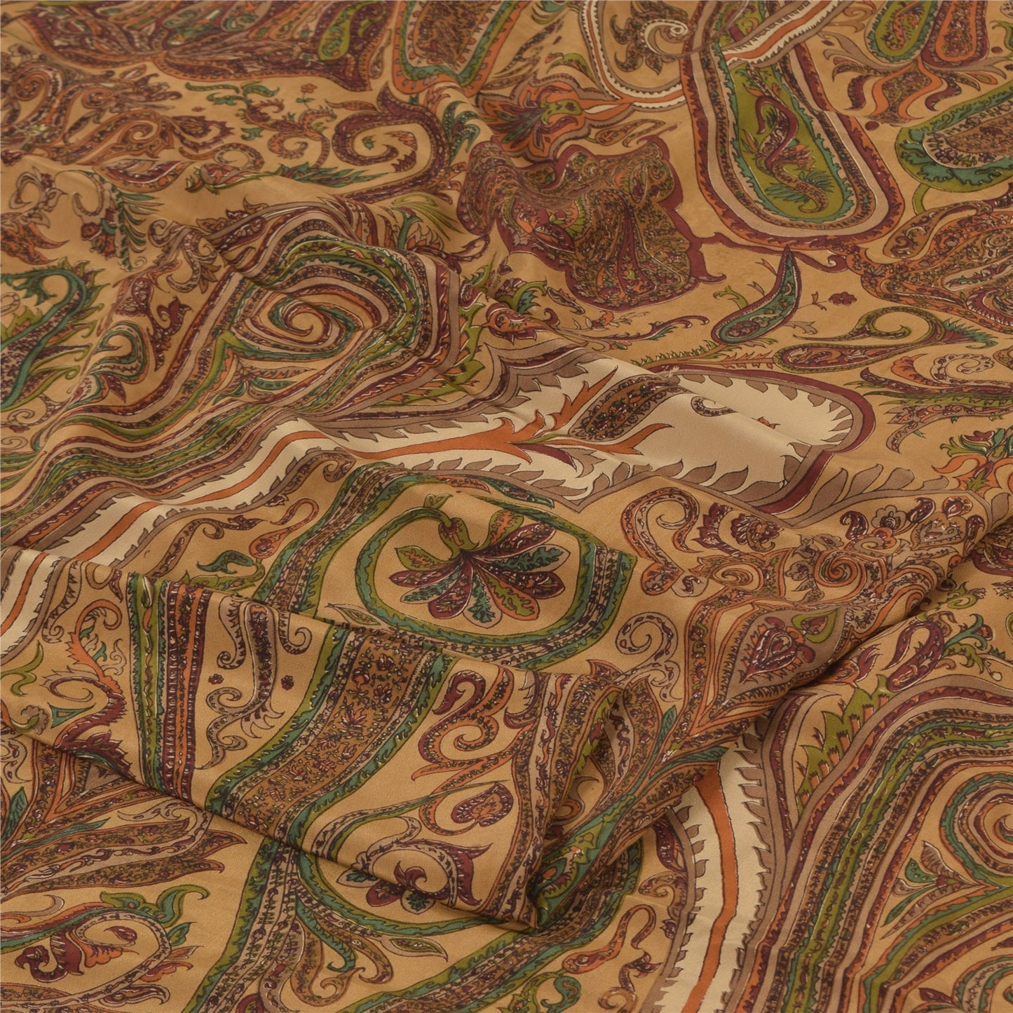 Sanskriti Vintage Sarees Brown 100%Pure Crepe Silk Printed Sari 5yd Craft Sustainable Fabric