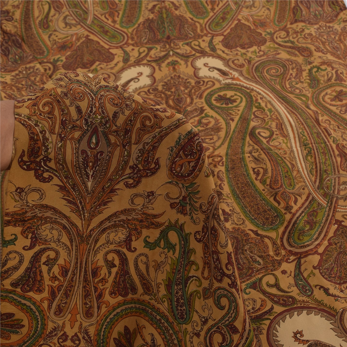 Sanskriti Vintage Sarees Brown 100%Pure Crepe Silk Printed Sari 5yd Craft Sustainable Fabric