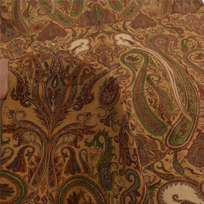 Sanskriti Vintage Sarees Brown 100%Pure Crepe Silk Printed Sari 5yd Craft Sustainable Fabric