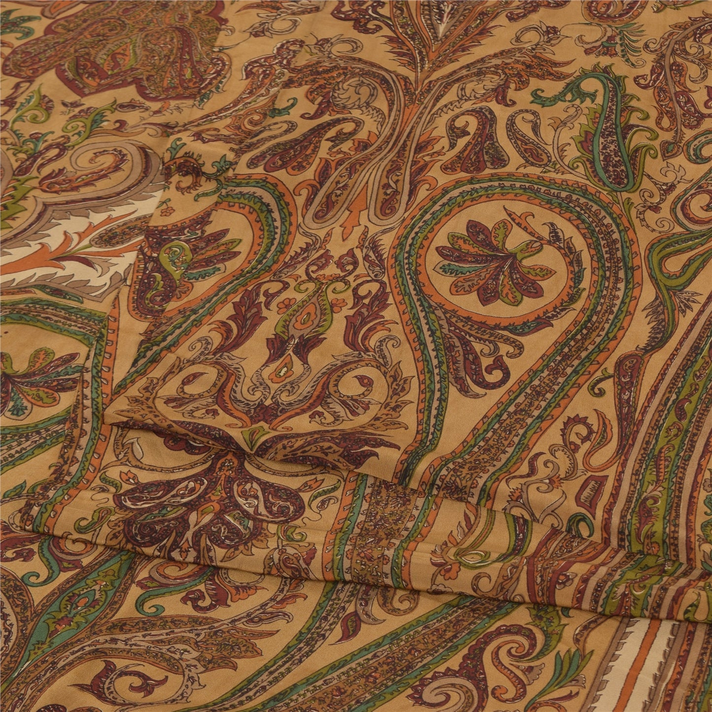 Sanskriti Vintage Sarees Brown 100%Pure Crepe Silk Printed Sari 5yd Craft Sustainable Fabric