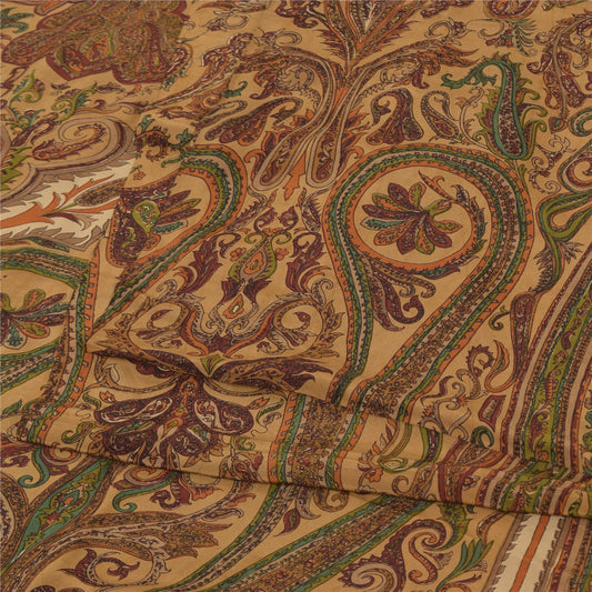 Sanskriti Vintage Sarees Brown 100%Pure Crepe Silk Printed Sari 5yd Craft Sustainable Fabric