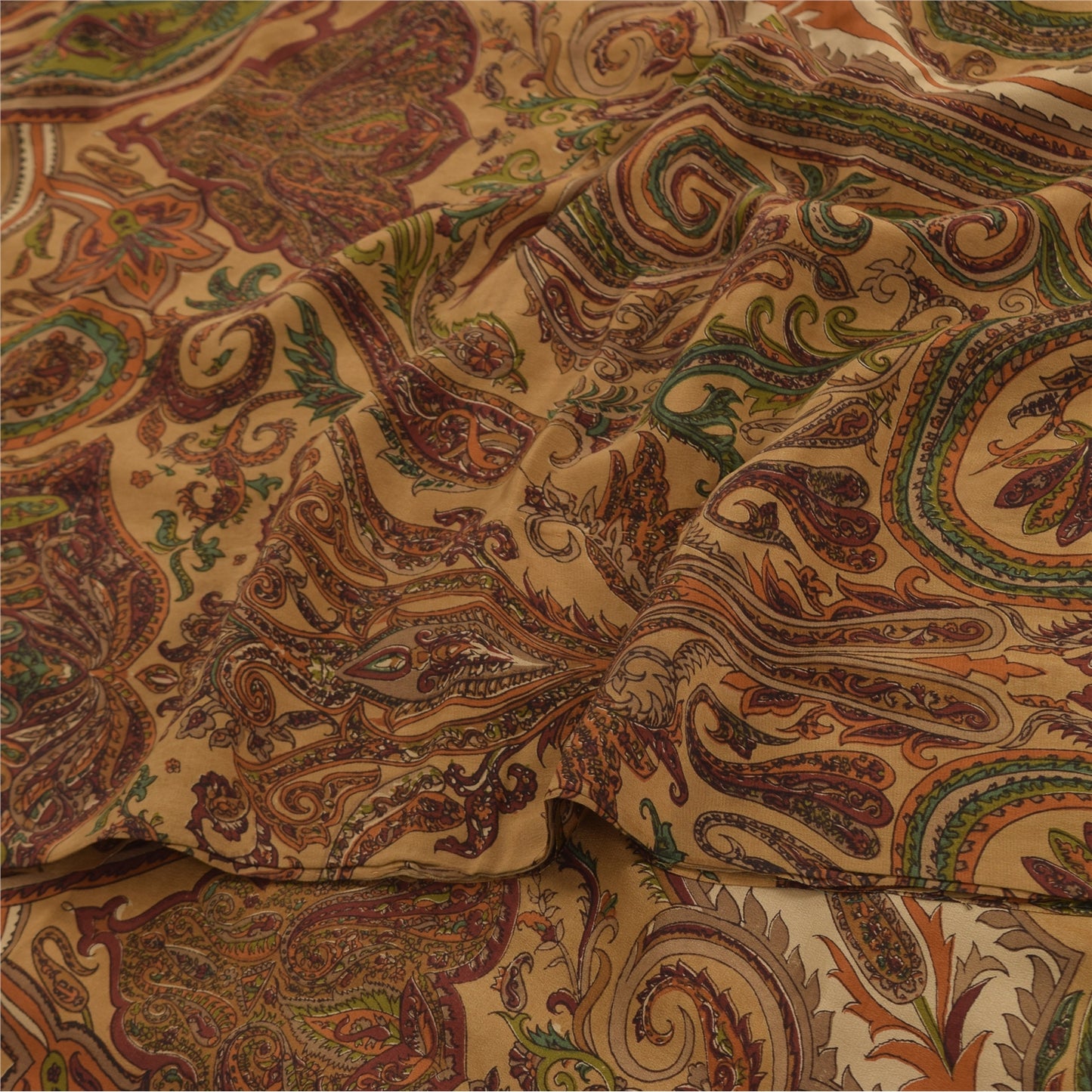 Sanskriti Vintage Sarees Brown 100%Pure Crepe Silk Printed Sari 5yd Craft Sustainable Fabric