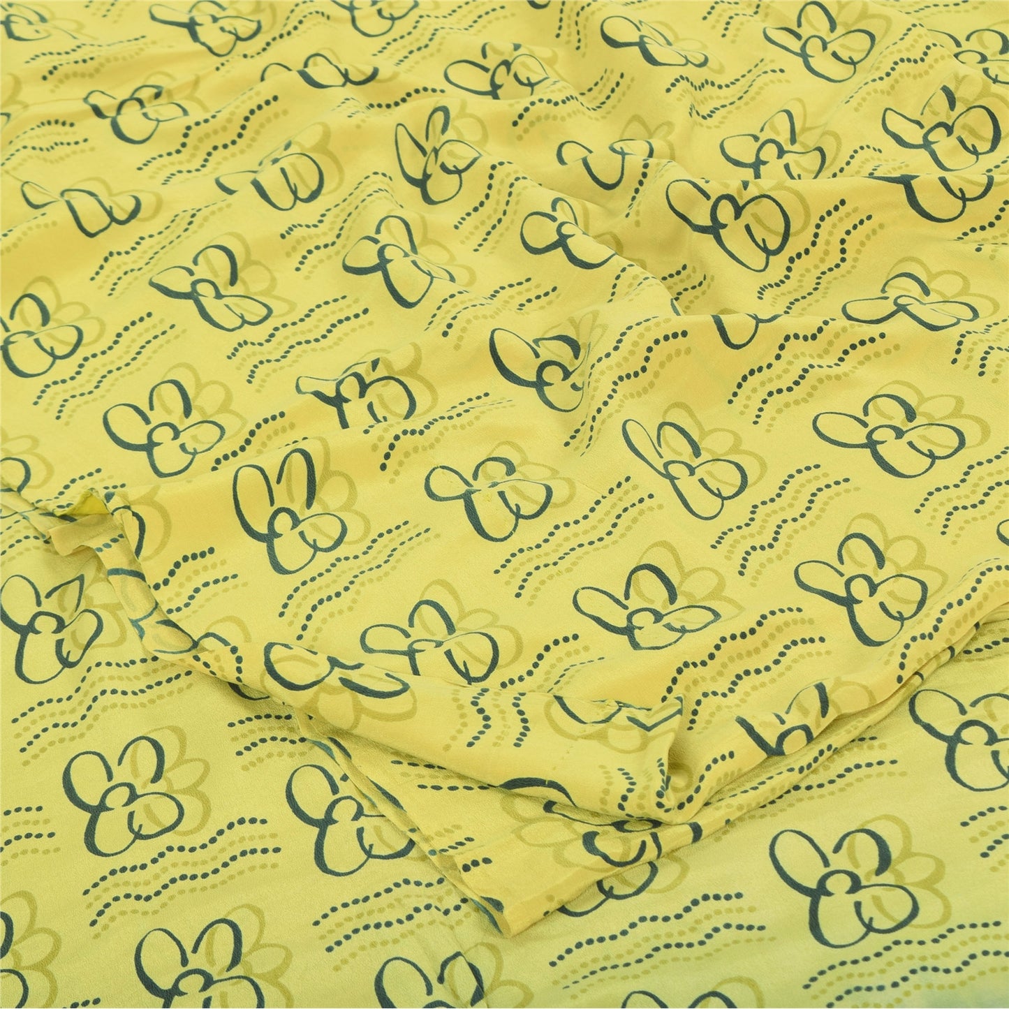 Sanskriti Vintage Sarees Lemon Yellow Pure Crepe Silk Printed Sari Craft Sustainable Fabric