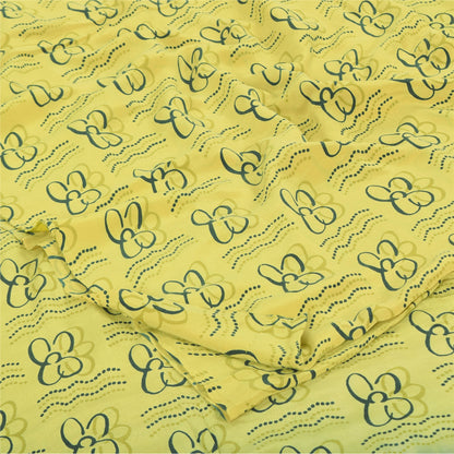 Sanskriti Vintage Sarees Lemon Yellow Pure Crepe Silk Printed Sari Craft Sustainable Fabric