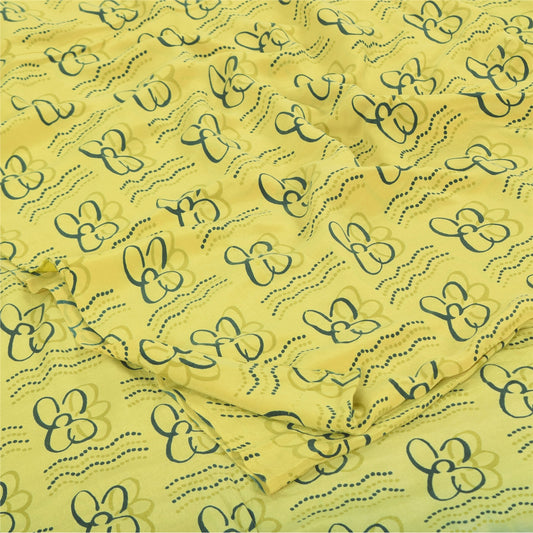 Sanskriti Vintage Sarees Lemon Yellow Pure Crepe Silk Printed Sari Craft Sustainable Fabric