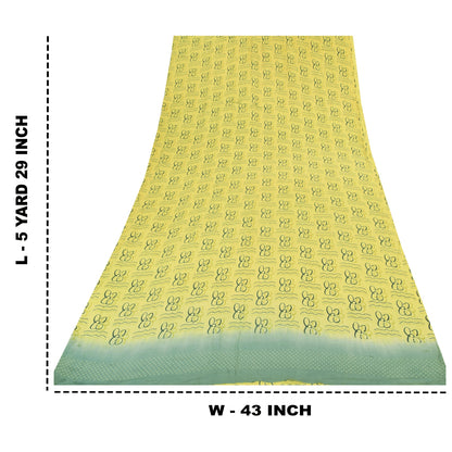 Sanskriti Vintage Sarees Lemon Yellow Pure Crepe Silk Printed Sari Craft Sustainable Fabric