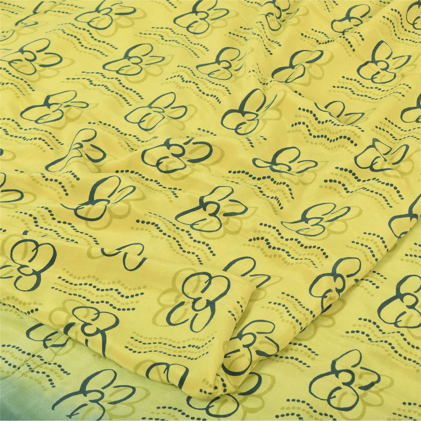 Sanskriti Vintage Sarees Lemon Yellow Pure Crepe Silk Printed Sari Craft Sustainable Fabric