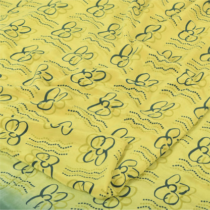 Sanskriti Vintage Sarees Lemon Yellow Pure Crepe Silk Printed Sari Craft Sustainable Fabric