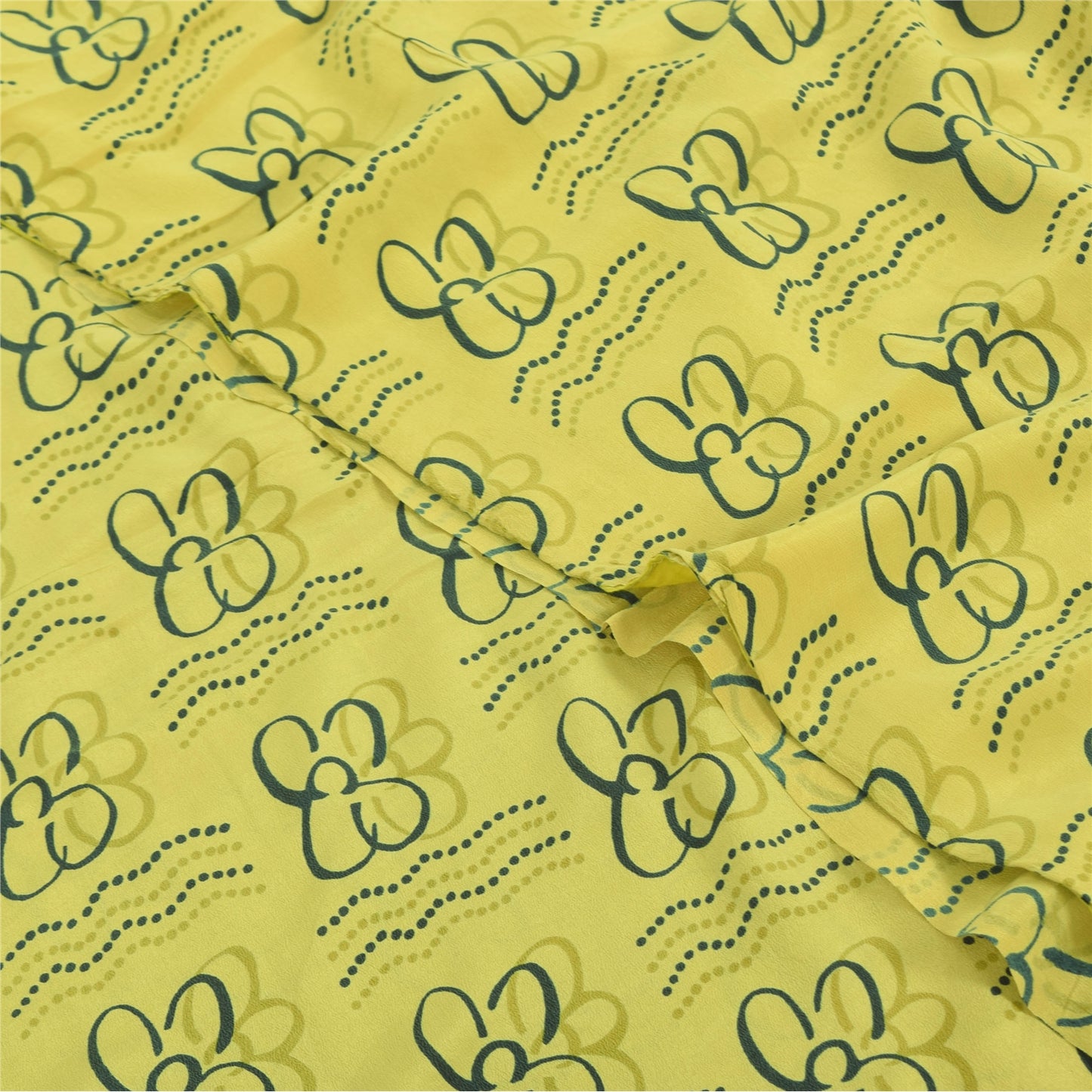 Sanskriti Vintage Sarees Lemon Yellow Pure Crepe Silk Printed Sari Craft Sustainable Fabric