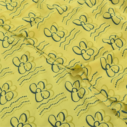 Sanskriti Vintage Sarees Lemon Yellow Pure Crepe Silk Printed Sari Craft Sustainable Fabric