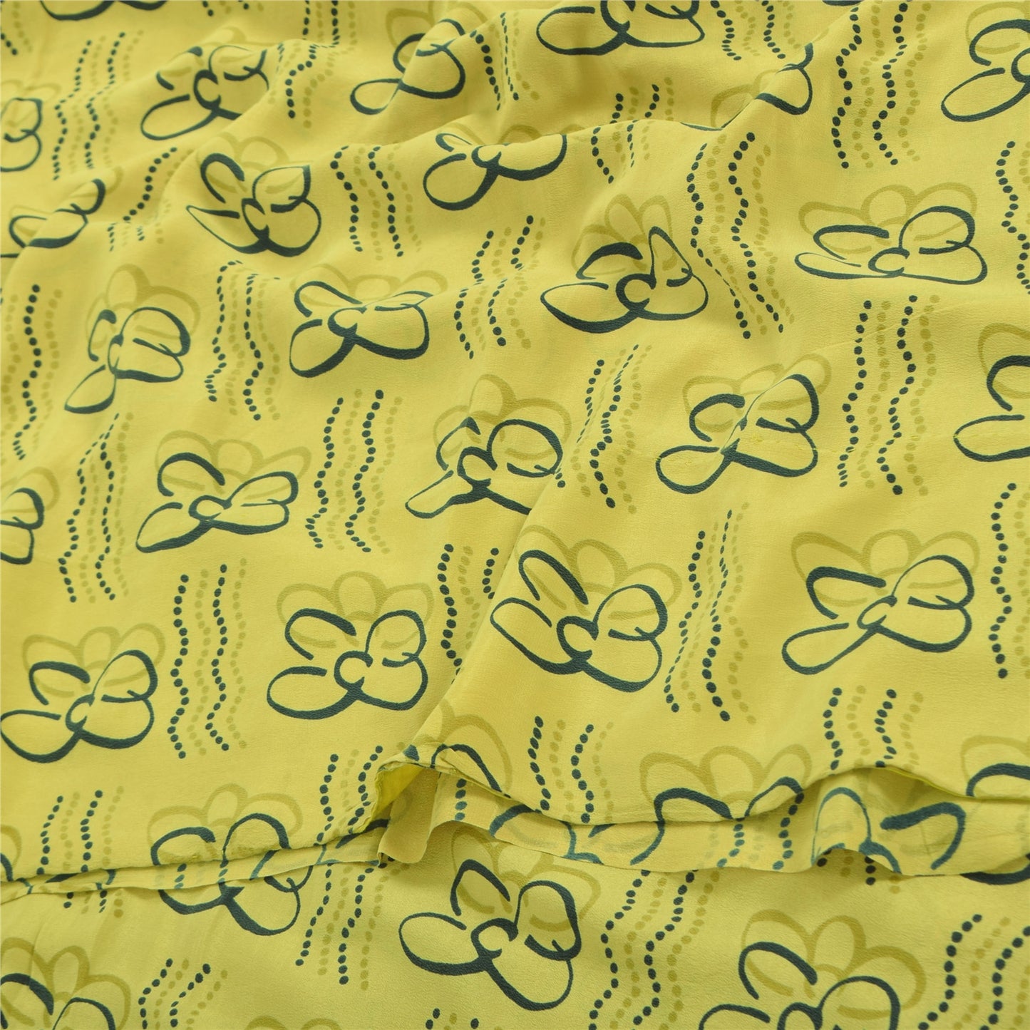 Sanskriti Vintage Sarees Lemon Yellow Pure Crepe Silk Printed Sari Craft Sustainable Fabric