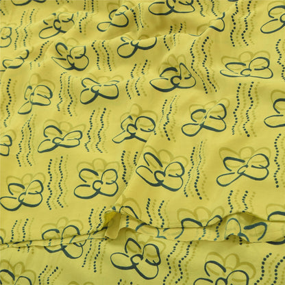 Sanskriti Vintage Sarees Lemon Yellow Pure Crepe Silk Printed Sari Craft Sustainable Fabric