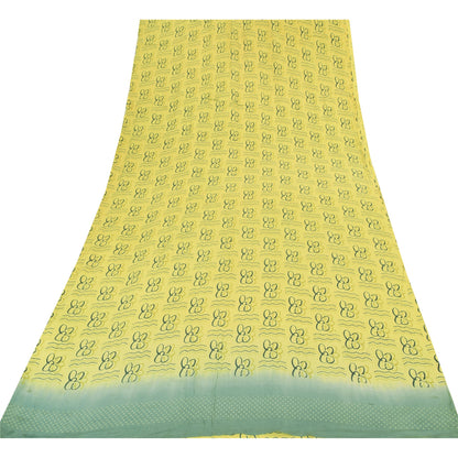 Sanskriti Vintage Sarees Lemon Yellow Pure Crepe Silk Printed Sari Craft Sustainable Fabric