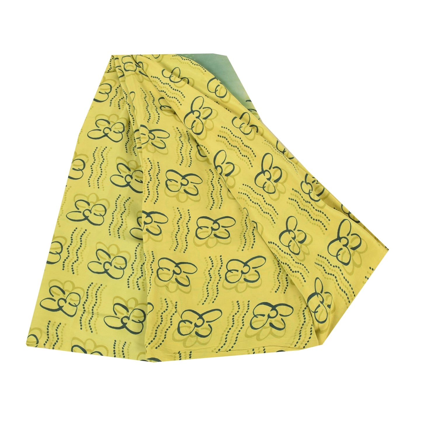 Sanskriti Vintage Sarees Lemon Yellow Pure Crepe Silk Printed Sari Craft Sustainable Fabric