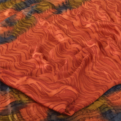 Sanskriti Vintage Sarees Orange Pure Crepe Silk Printed Sari 5yd Craft Fabric