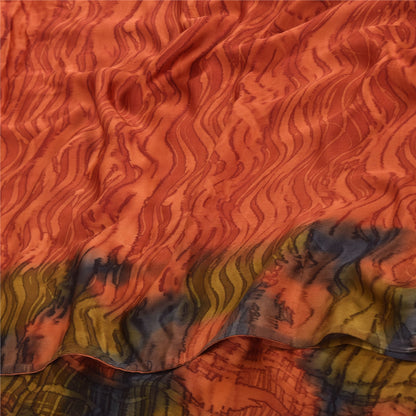 Sanskriti Vintage Sarees Orange Pure Crepe Silk Printed Sari 5yd Craft Fabric