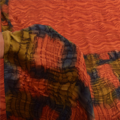 Sanskriti Vintage Sarees Orange Pure Crepe Silk Printed Sari 5yd Craft Fabric