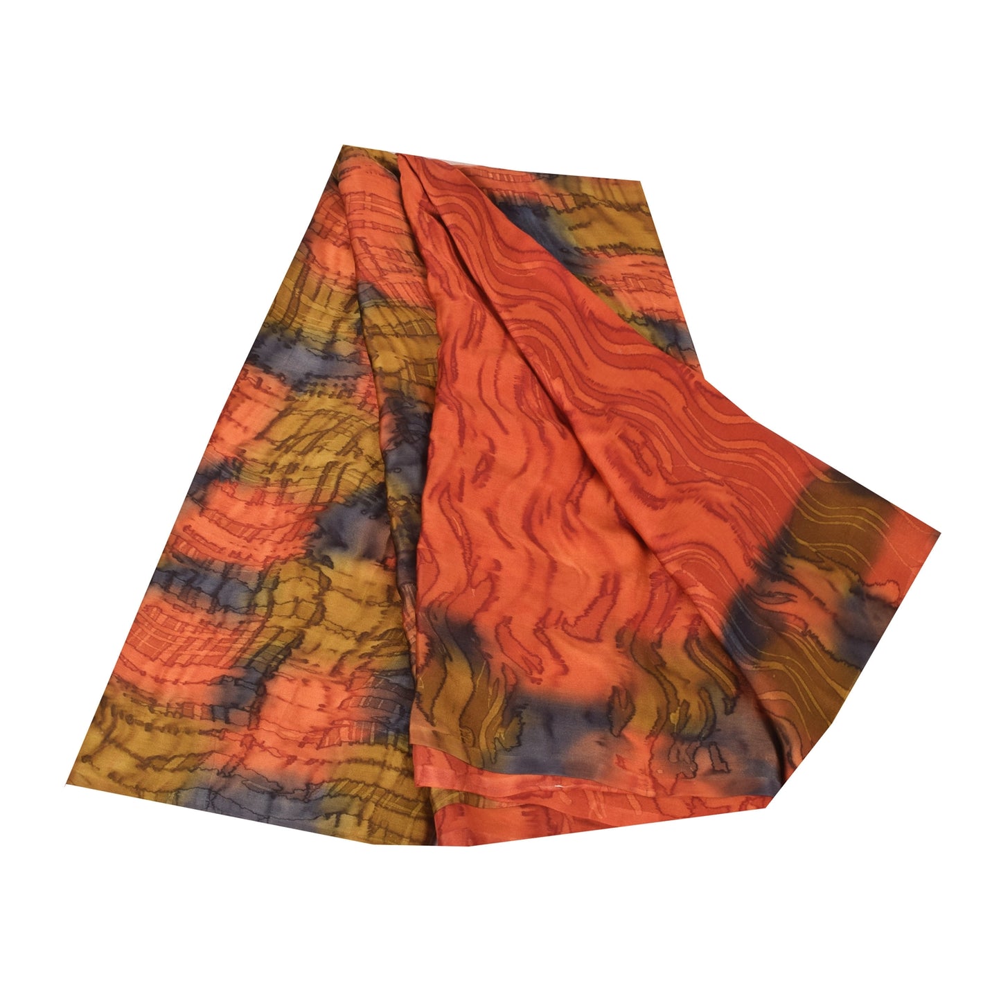Sanskriti Vintage Sarees Orange Pure Crepe Silk Printed Sari 5yd Craft Fabric