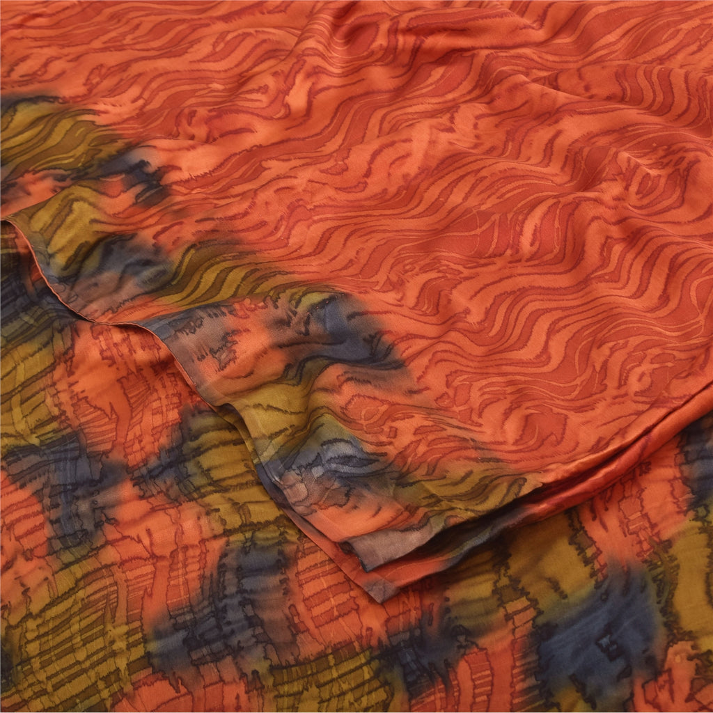 Sanskriti Vintage Sarees Orange Pure Crepe Silk Printed Sari 5yd Craft Fabric