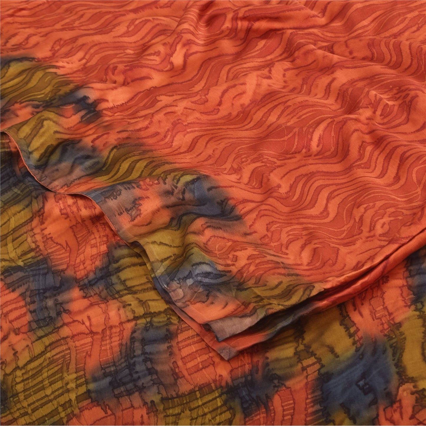 Sanskriti Vintage Sarees Orange Pure Crepe Silk Printed Sari 5yd Craft Fabric