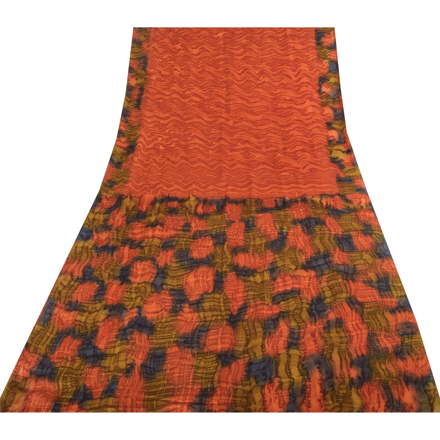 Sanskriti Vintage Sarees Orange Pure Crepe Silk Printed Sari 5yd Craft Fabric