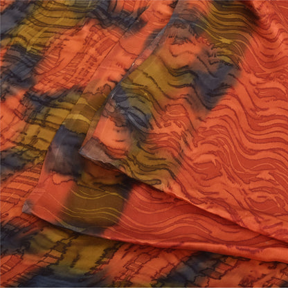 Sanskriti Vintage Sarees Orange Pure Crepe Silk Printed Sari 5yd Craft Fabric
