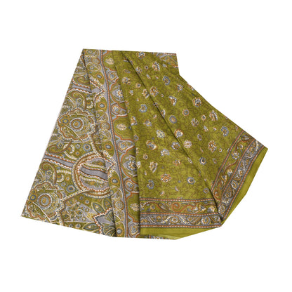 Sanskriti Vintage Sarees Green Pure Crepe Silk Printed Sari 6yd Craft Sustainable Fabric