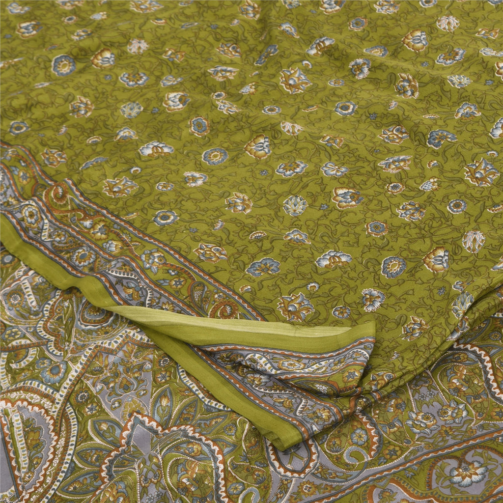Sanskriti Vintage Sarees Green Pure Crepe Silk Printed Sari 6yd Craft Sustainable Fabric