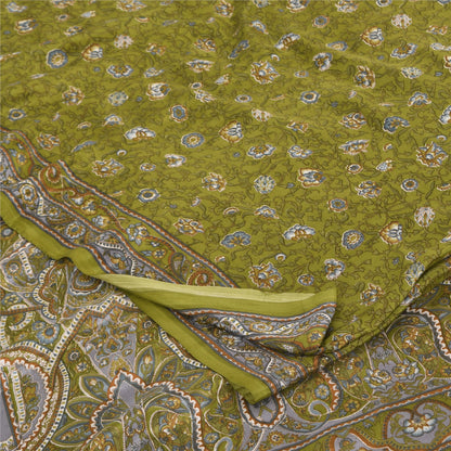 Sanskriti Vintage Sarees Green Pure Crepe Silk Printed Sari 6yd Craft Sustainable Fabric