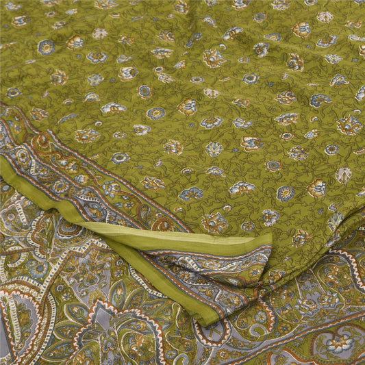 Sanskriti Vintage Sarees Green Pure Crepe Silk Printed Sari 6yd Craft Sustainable Fabric
