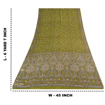 Sanskriti Vintage Sarees Green Pure Crepe Silk Printed Sari 6yd Craft Sustainable Fabric