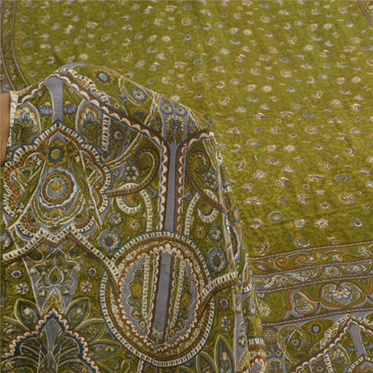 Sanskriti Vintage Sarees Green Pure Crepe Silk Printed Sari 6yd Craft Sustainable Fabric