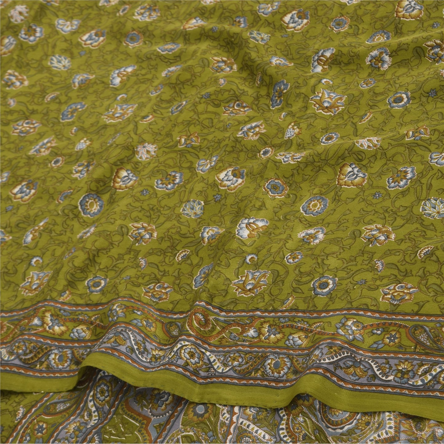 Sanskriti Vintage Sarees Green Pure Crepe Silk Printed Sari 6yd Craft Sustainable Fabric