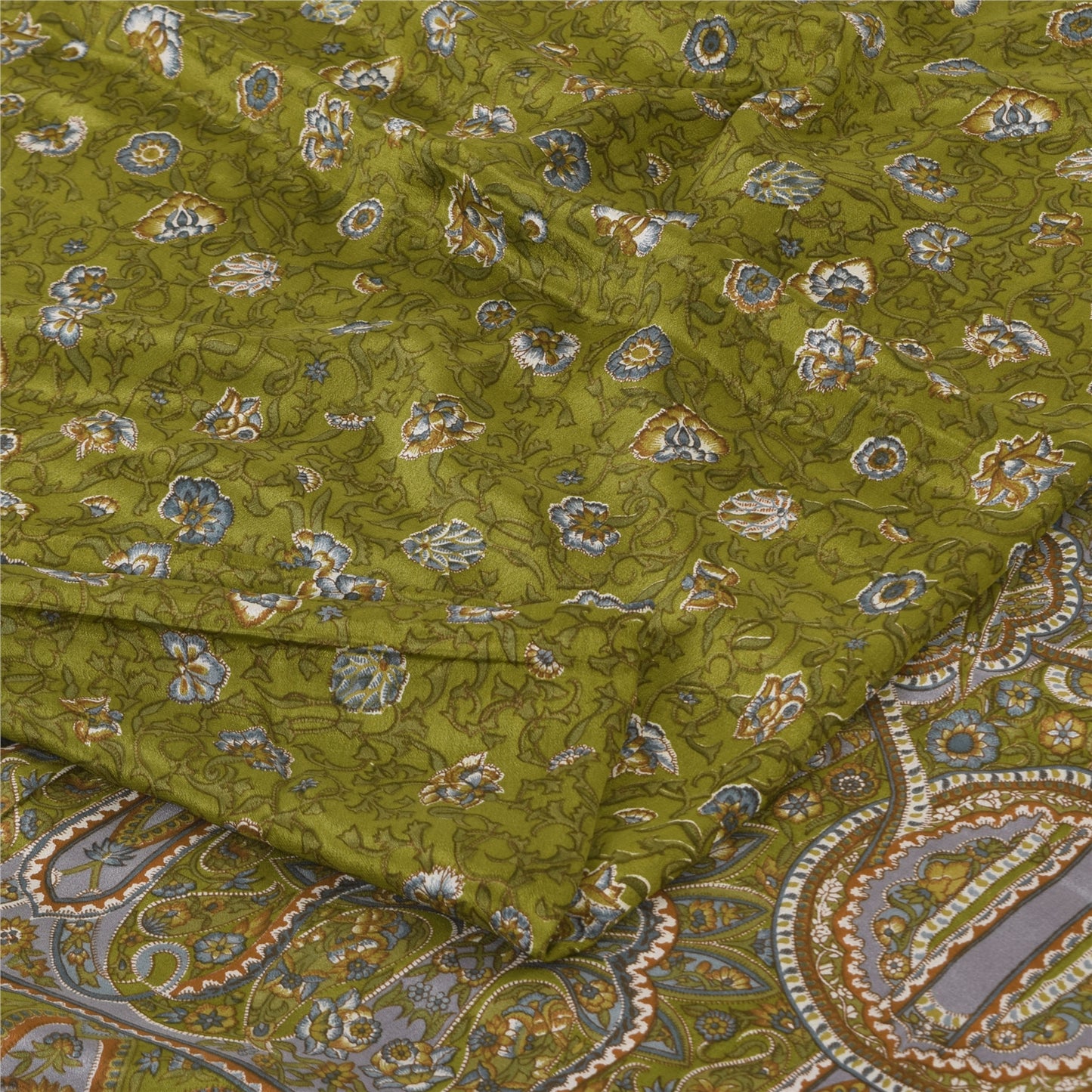 Sanskriti Vintage Sarees Green Pure Crepe Silk Printed Sari 6yd Craft Sustainable Fabric