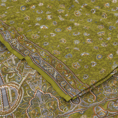 Sanskriti Vintage Sarees Green Pure Crepe Silk Printed Sari 6yd Craft Sustainable Fabric
