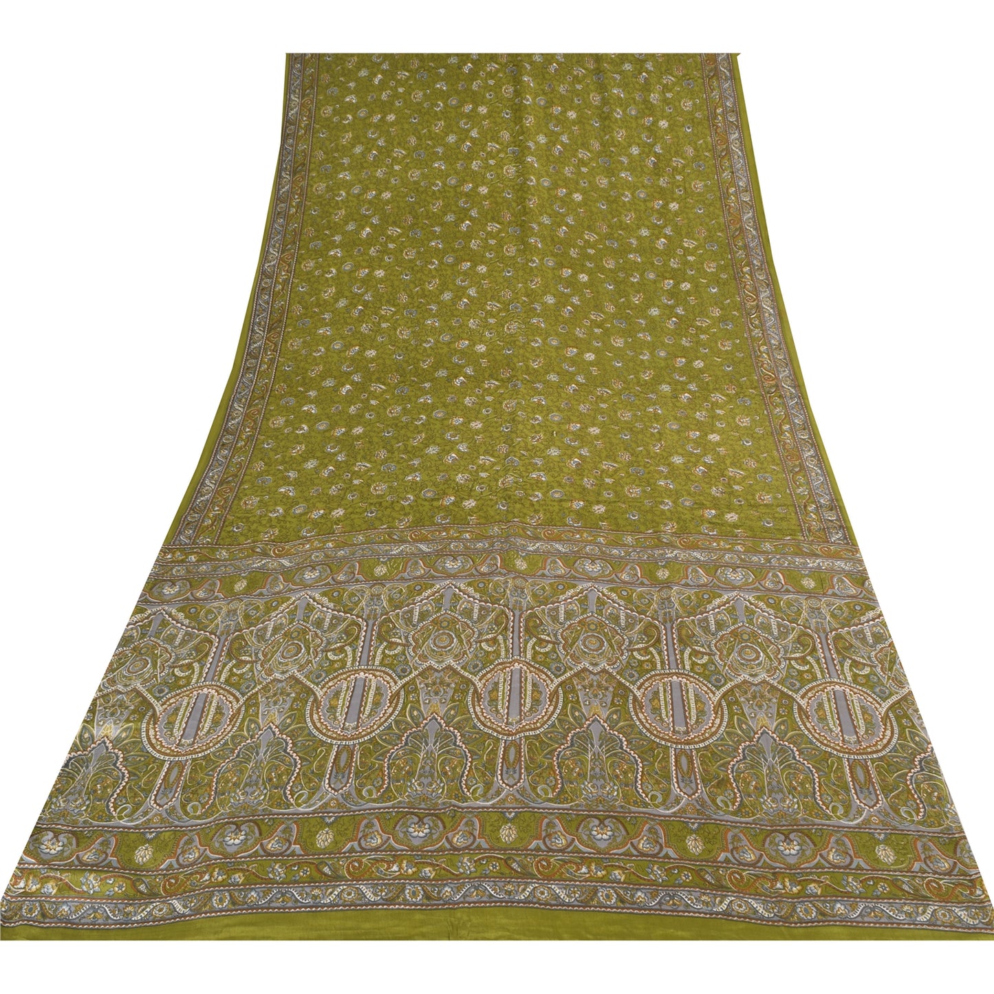 Sanskriti Vintage Sarees Green Pure Crepe Silk Printed Sari 6yd Craft Sustainable Fabric