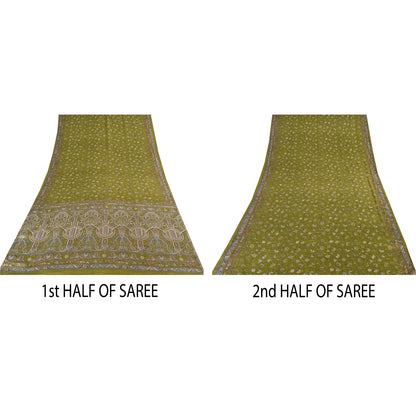 Sanskriti Vintage Sarees Green Pure Crepe Silk Printed Sari 6yd Craft Sustainable Fabric
