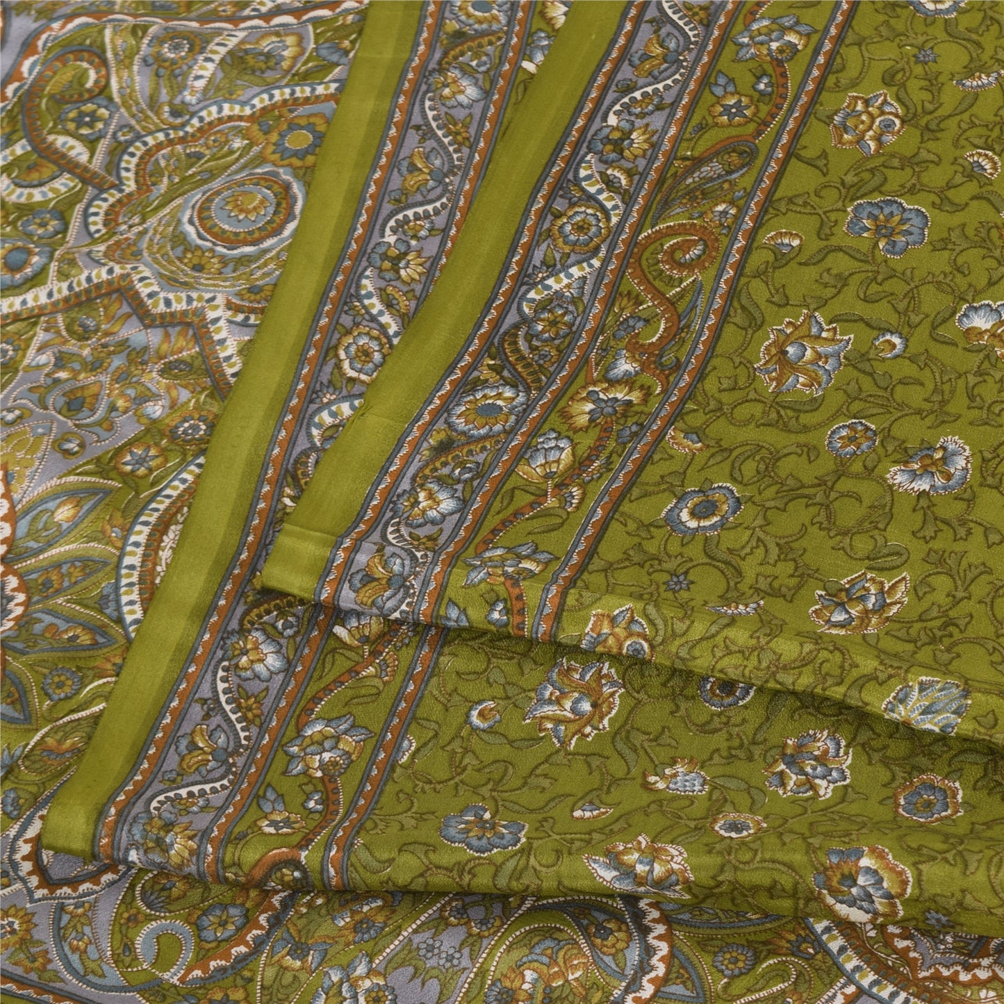 Sanskriti Vintage Sarees Green Pure Crepe Silk Printed Sari 6yd Craft Sustainable Fabric