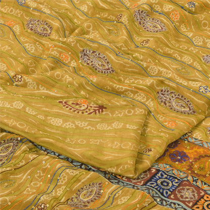 Sanskriti Vintage Sarees Green Hand Beaded Pure Crepe Silk Print Sari 5yd Sustainable Fabric