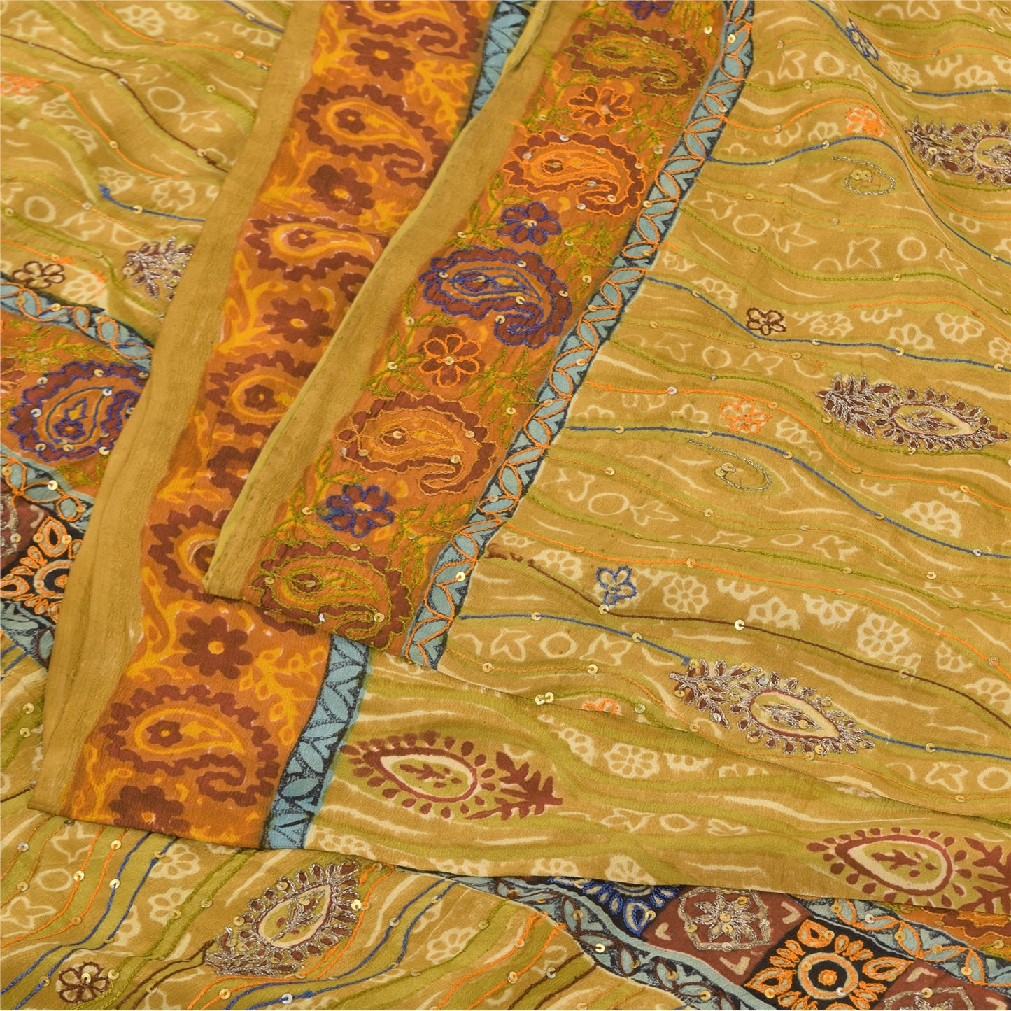 Sanskriti Vintage Sarees Green Hand Beaded Pure Crepe Silk Print Sari 5yd Sustainable Fabric