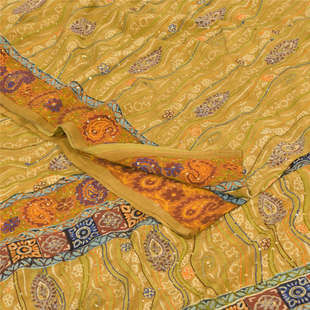 Sanskriti Vintage Sarees Green Hand Beaded Pure Crepe Silk Print Sari 5yd Sustainable Fabric