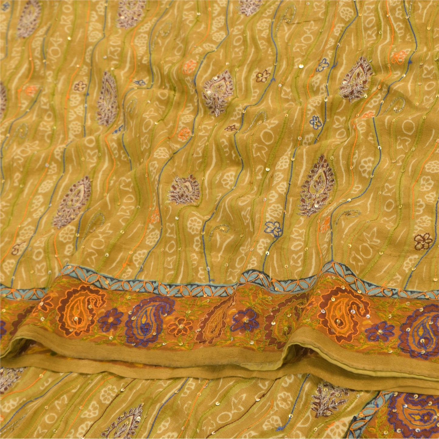 Sanskriti Vintage Sarees Green Hand Beaded Pure Crepe Silk Print Sari 5yd Sustainable Fabric