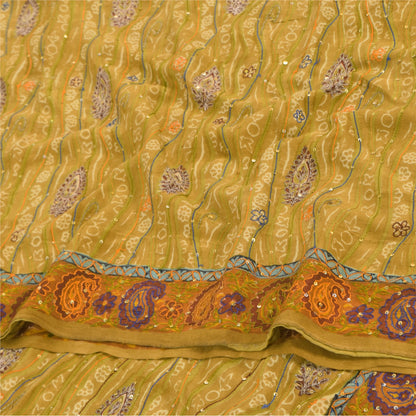 Sanskriti Vintage Sarees Green Hand Beaded Pure Crepe Silk Print Sari 5yd Sustainable Fabric