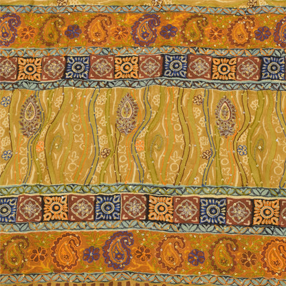 Sanskriti Vintage Sarees Green Hand Beaded Pure Crepe Silk Print Sari 5yd Sustainable Fabric